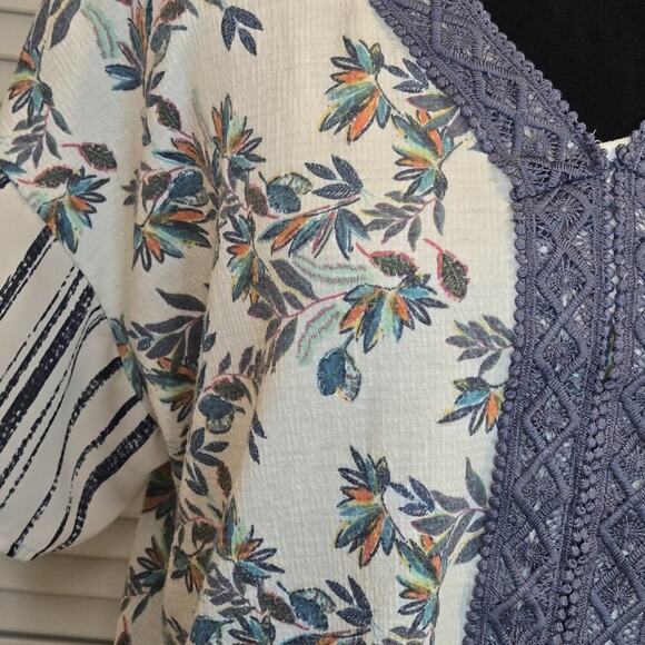 Peasant Short Sleeve Floral Crochet Striped Top COTTAGECORE XL Blue Lightweight - Picture 2 of 5